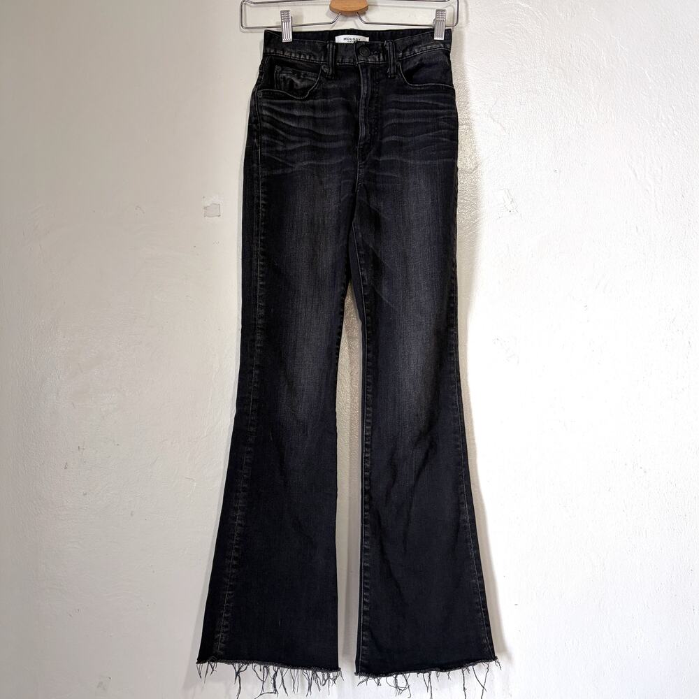 MOUSSY VINTAGE Distressed Raw Hem Flare Jean in Black Size 25